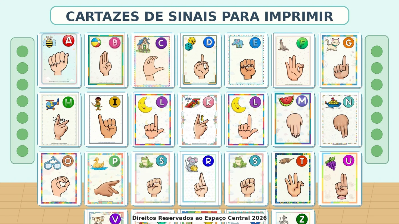 Cartazes de sinais em Libras para imprimir com alfabeto completo
